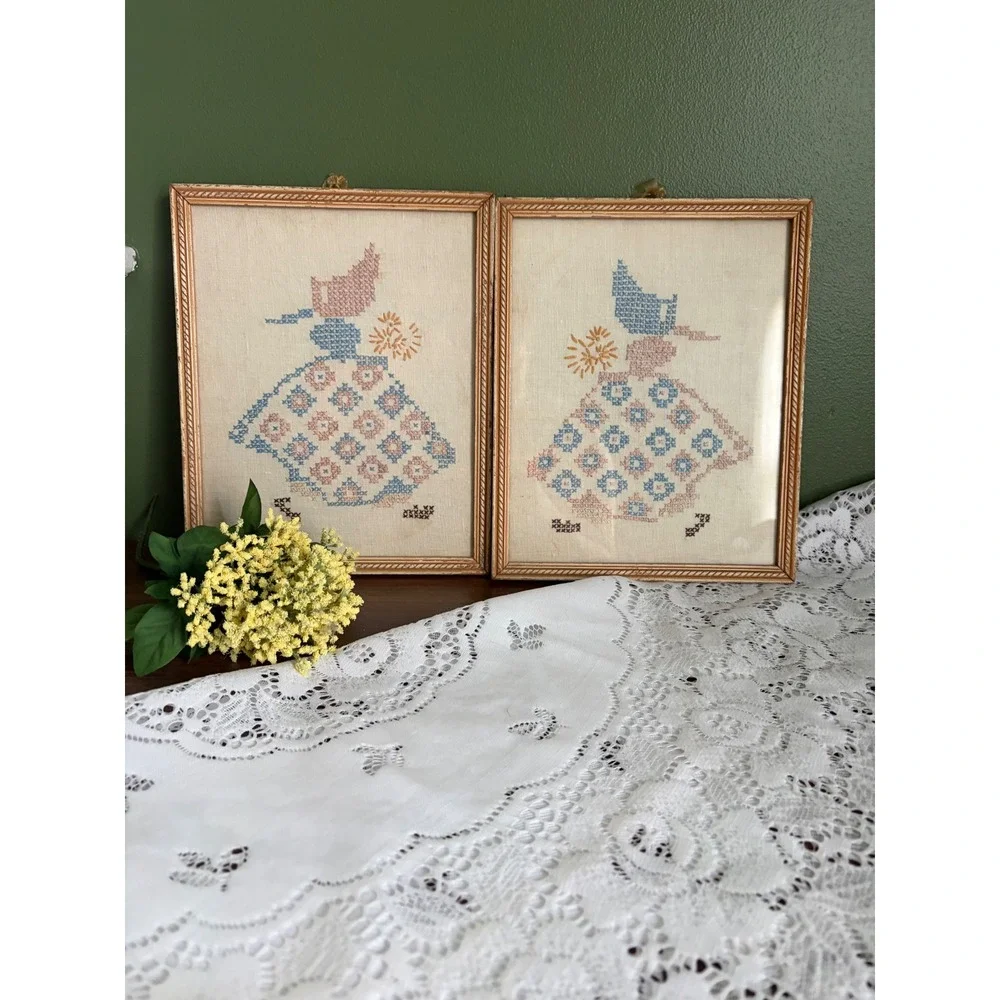 Vintage Sunbonnet Sue Cross Stitch Framed Set of 2 Folk Art Wall Decor